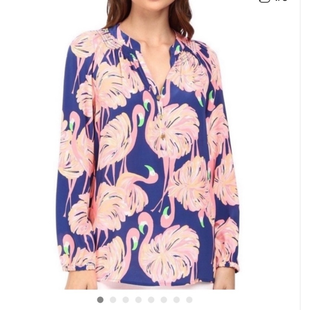 Lilly Pulitzer Elsa Flamingo print gimme some leg Silk Blouse Blue and Pink XXS